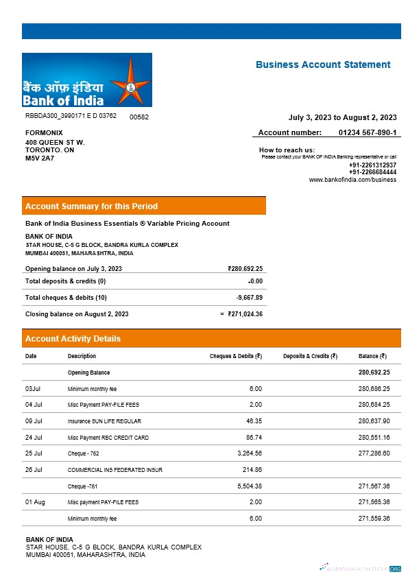 Download Bank of India company checking account statement Word and PDF template Photoshop template